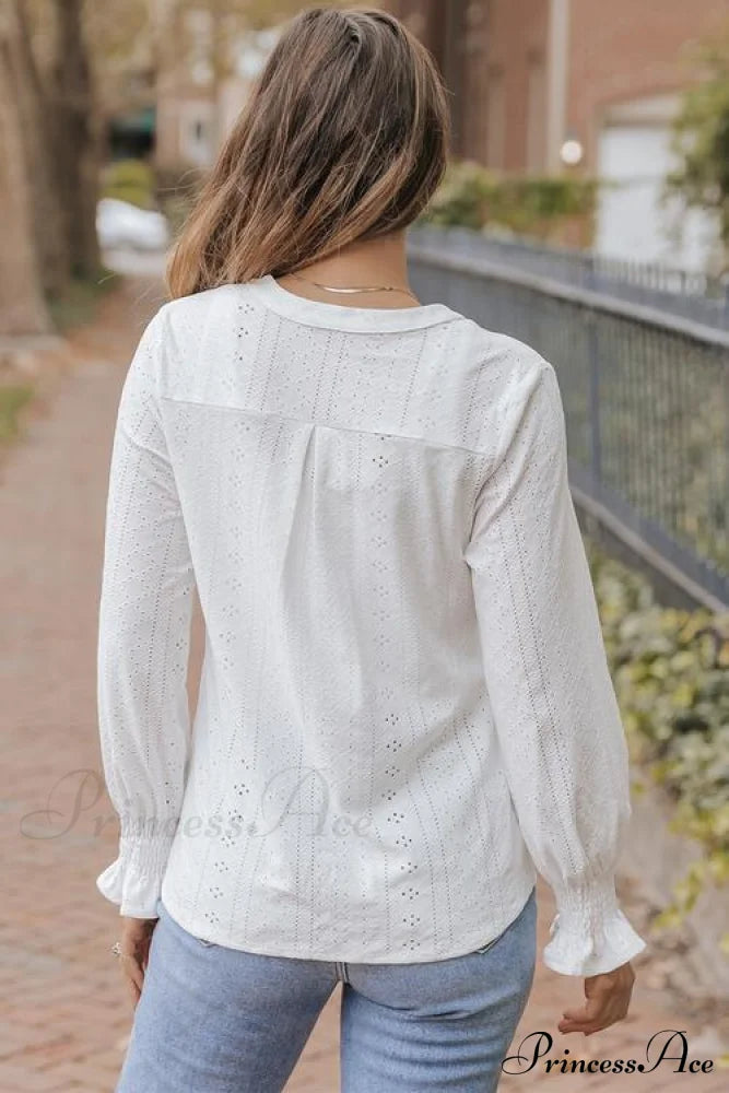 Blouse With Flounce Openwork Notched Long Sleeves