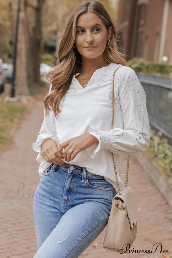 Openwork Notched Flounce Long Sleeve Blouse White clothes long sleeve shirt long sleeve shirts long sleeve top long sleeve tops Ship From Overseas shirt shirts SYNZ top tops