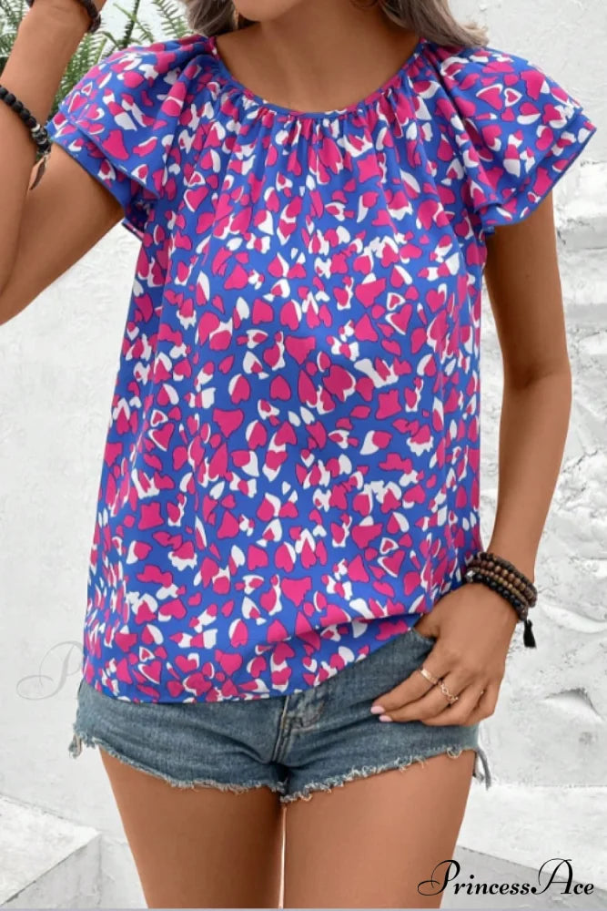 Blouse With Flutter Neck Round Arm Print