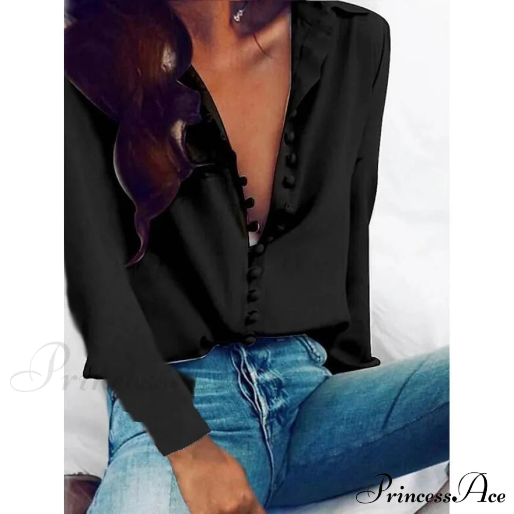 Women's Blouse Shirt Solid Colored Long Sleeve Button V Neck Basic Tops Black __stock:200 clothes refund_fee:800 tops