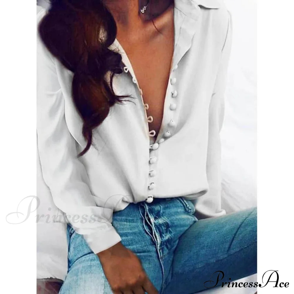 Women's Blouse Shirt Solid Colored Long Sleeve Button V Neck Basic Tops White __stock:200 clothes refund_fee:800 tops