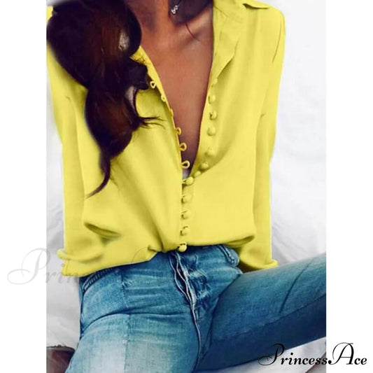 Women's Blouse Shirt Solid Colored Long Sleeve Button V Neck Basic Tops Yellow __stock:200 clothes refund_fee:800 tops