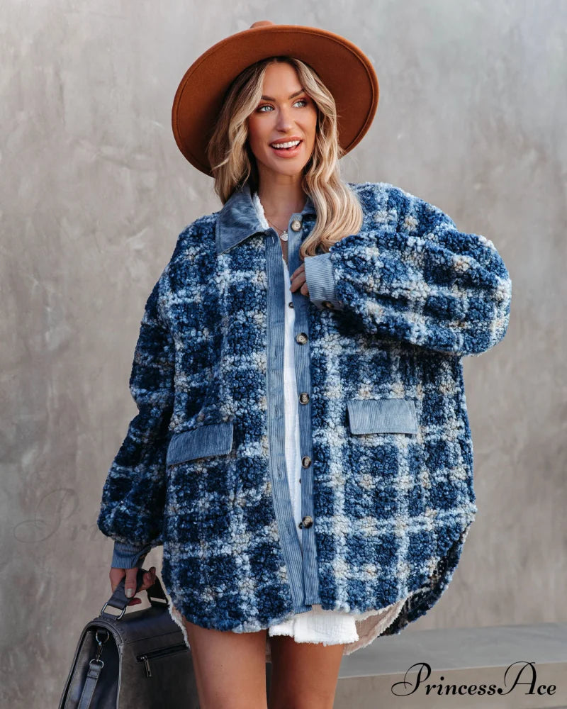 Blue Alaska Plaid Pocketed Teddy Jacket Coats-L