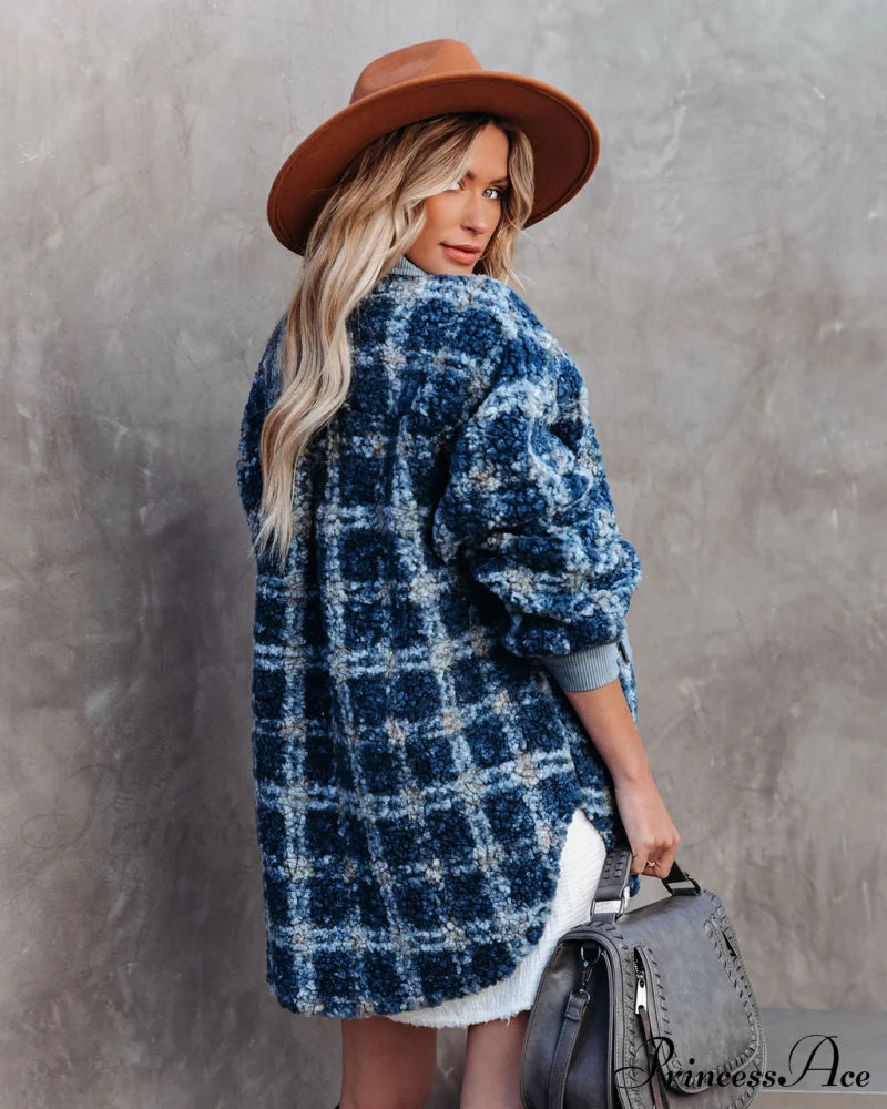 Blue Alaska Plaid Pocketed Teddy Jacket Coats-L