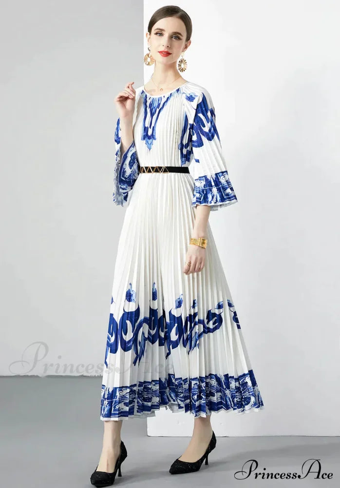 Blue And White Porcelain Loose Dress With Pleats