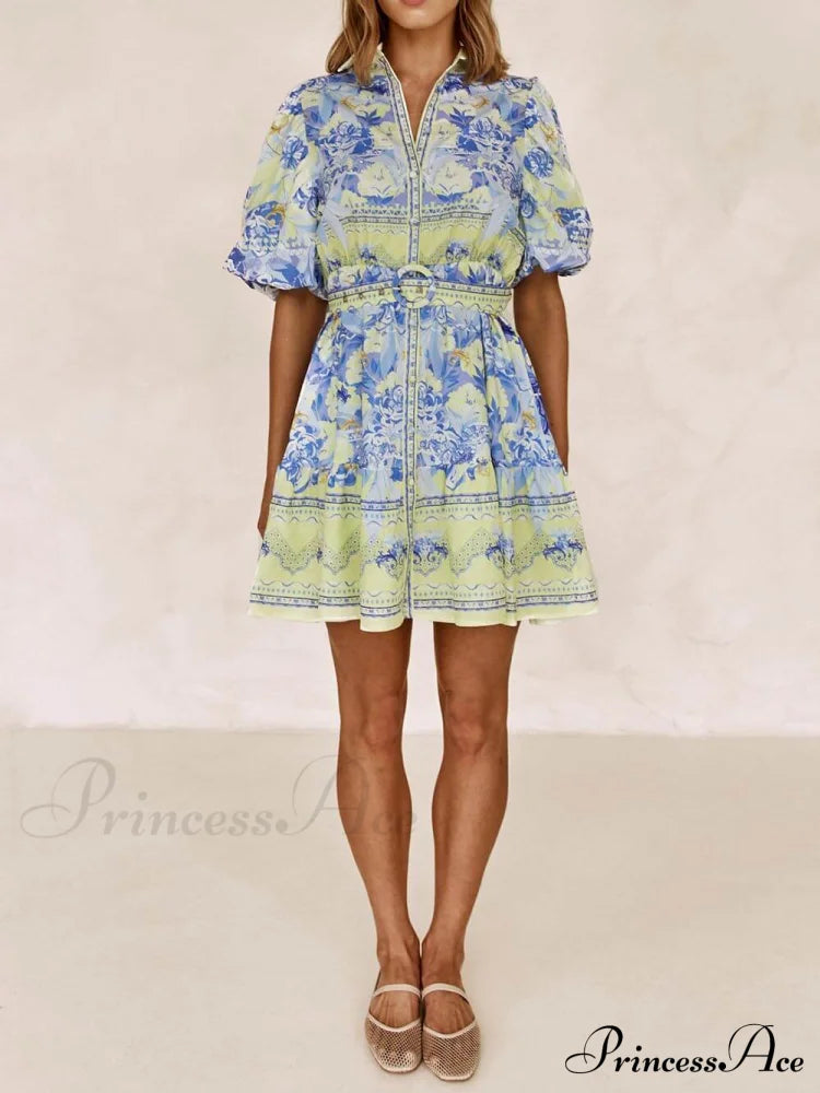 Blue And Yellow Charming Floral Print Mini Dress Dresses