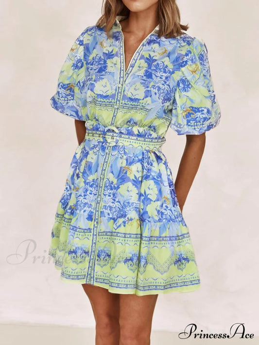 Blue And Yellow Charming Floral Print Mini Dress Dresses