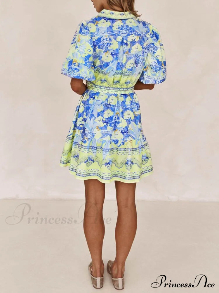 Blue And Yellow Charming Floral Print Mini Dress Dresses