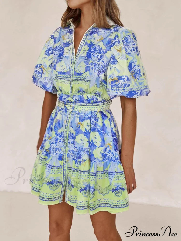 Blue And Yellow Charming Floral Print Mini Dress / S Dresses