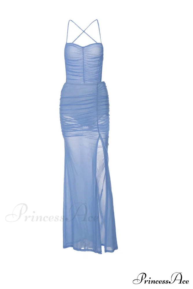 Blue Backless Side Split Dress With Ruched Detail Maxi Dresses