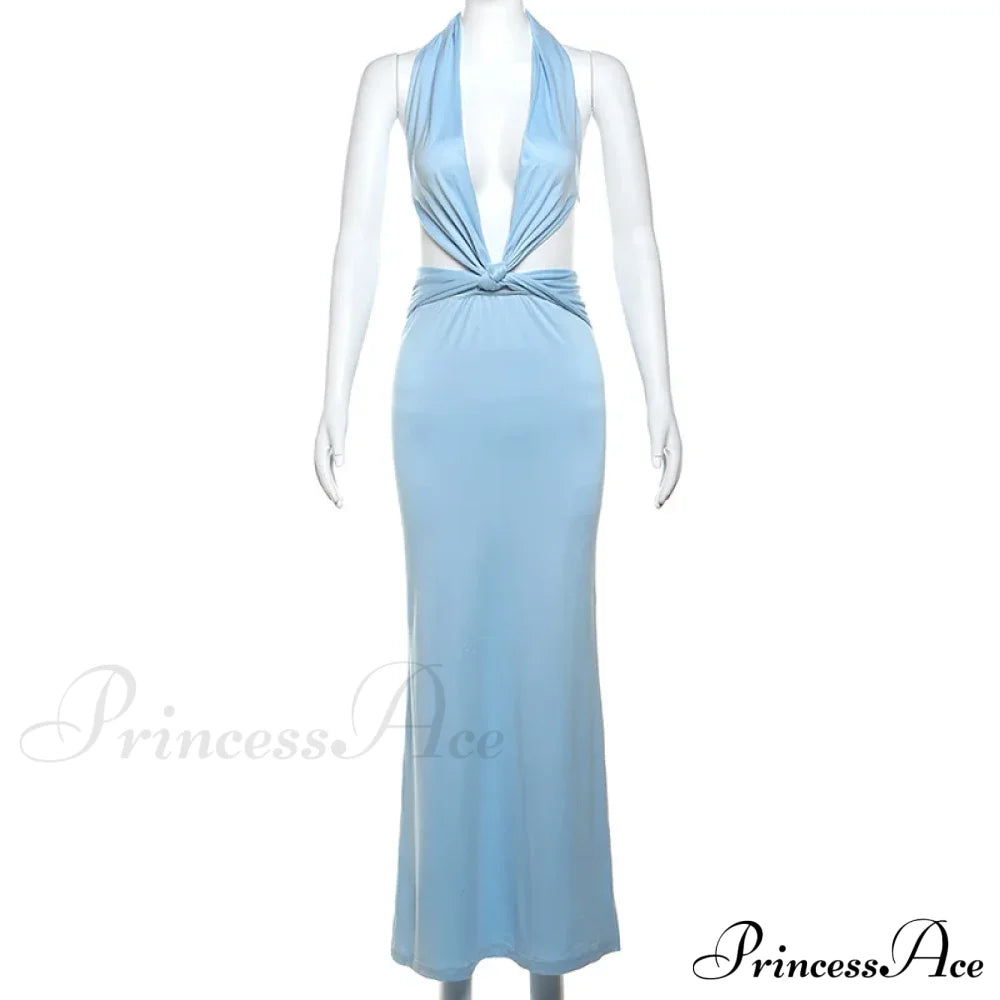 Blue Deep Slit Charming Neck Pleated Maxi Dress Long