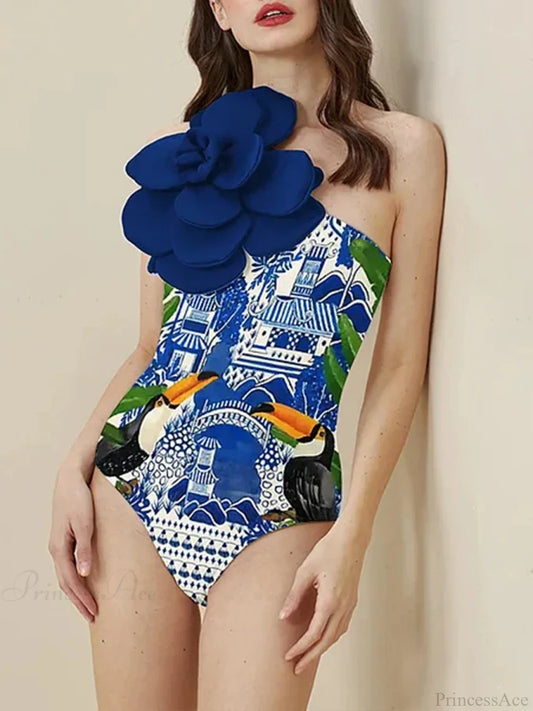 Blue Floral Decoration One Piece Swimsuit Blue / S onepiece-250223