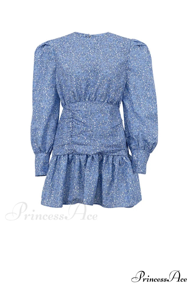 Blue Floral Dress With Puff Sleeve And Gathered Ruffle / L Mini Dresses