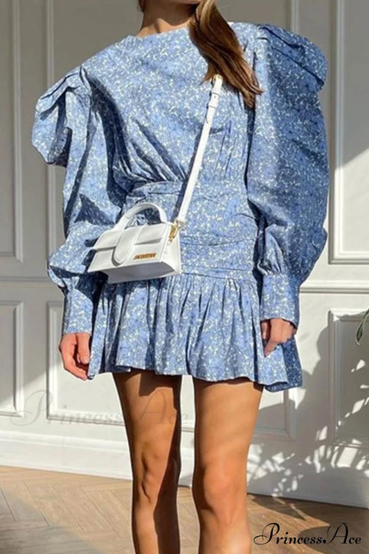 Blue Floral Dress With Puff Sleeve And Gathered Ruffle / M Mini Dresses