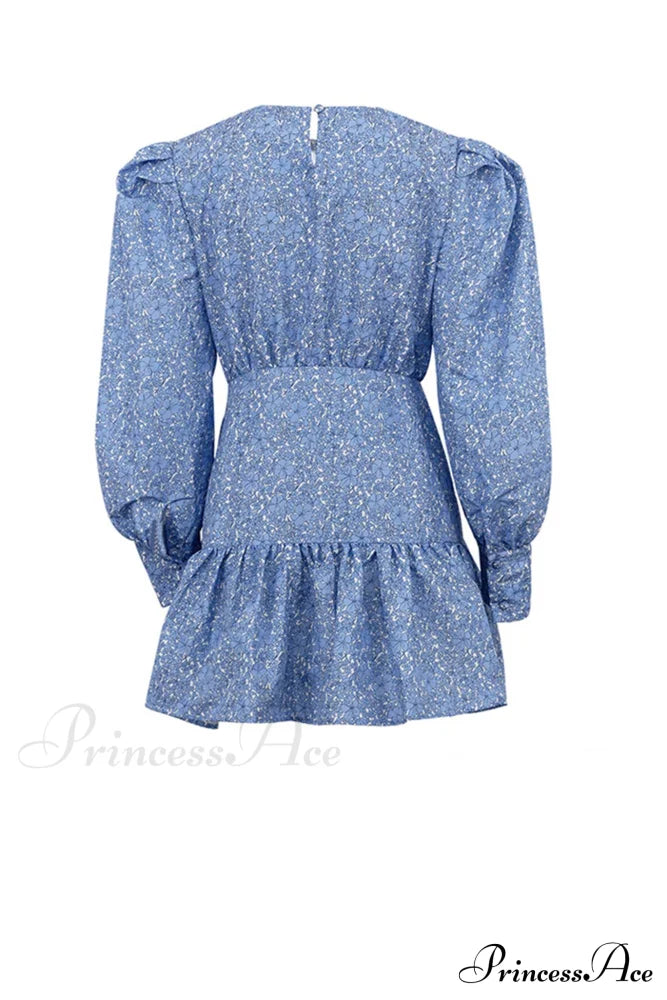 Blue Floral Dress With Puff Sleeve And Gathered Ruffle Mini Dresses