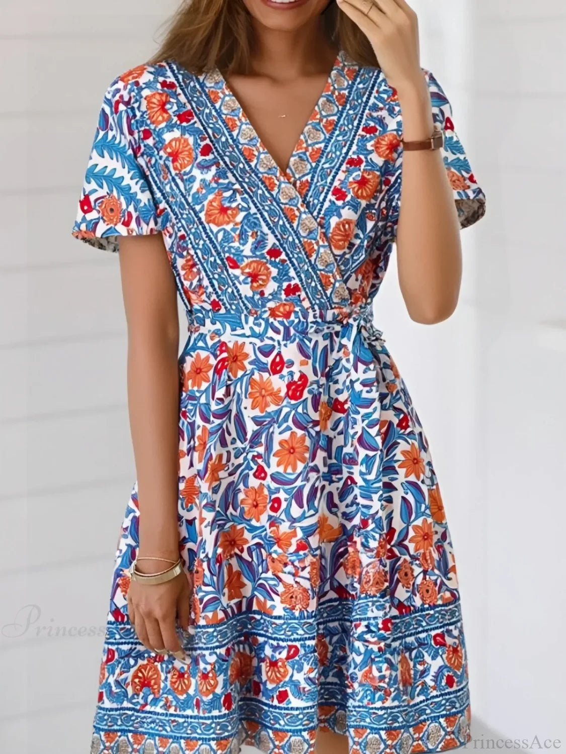 Blue Floral Print Cross V-neck Wrap Summer Mini Boho Dress Blue / S bohodress-250126