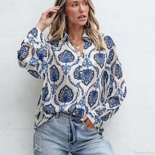 Blue Floral Printed Long Sleeve V-Neck Boho Blouse Blouse / XS bohoblouse-250126
