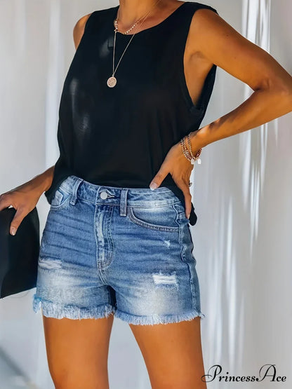 Blue Frayed Hem Denim Shorts Ripped Holes Slash Pockets Short Jean