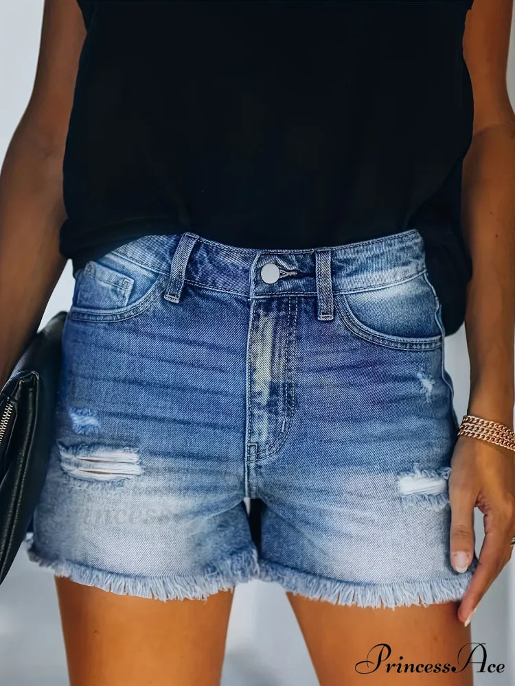 Blue Frayed Hem Denim Shorts Ripped Holes Slash Pockets Short Jean