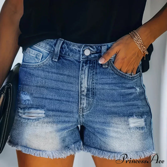 Blue Frayed Hem Denim Shorts Ripped Holes Slash Pockets Short Jean Sky Blue / Xs