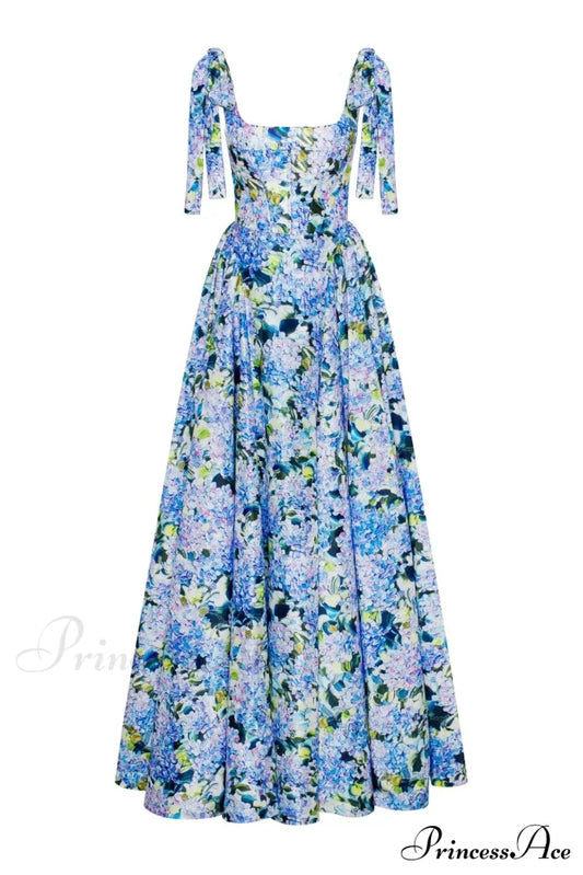 Robe longue à bretelles élégante à motif d'hortensia bleu
