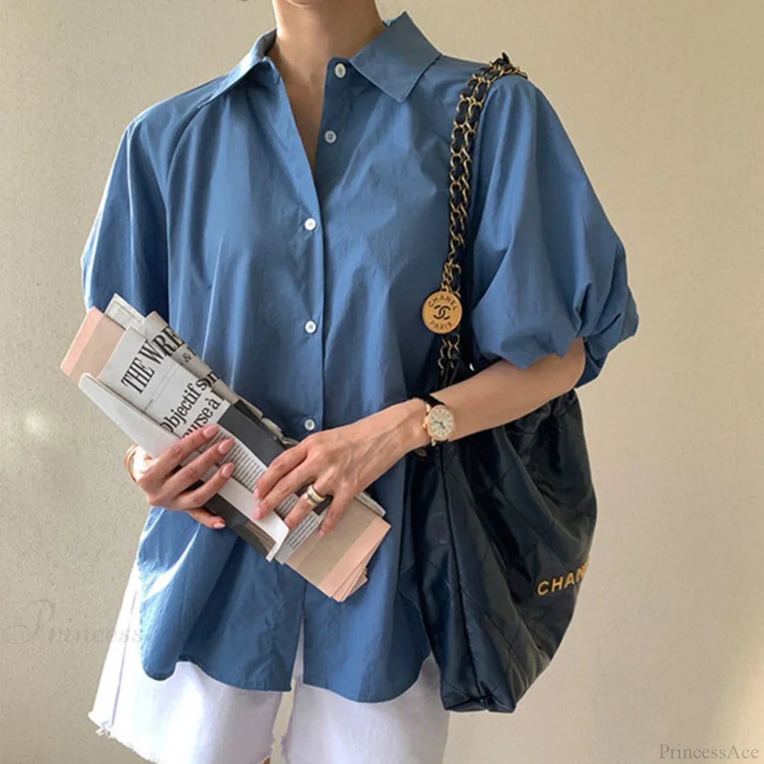 Blue Puff Sleeve Casual Loose Summer Shirt blouse-250126
