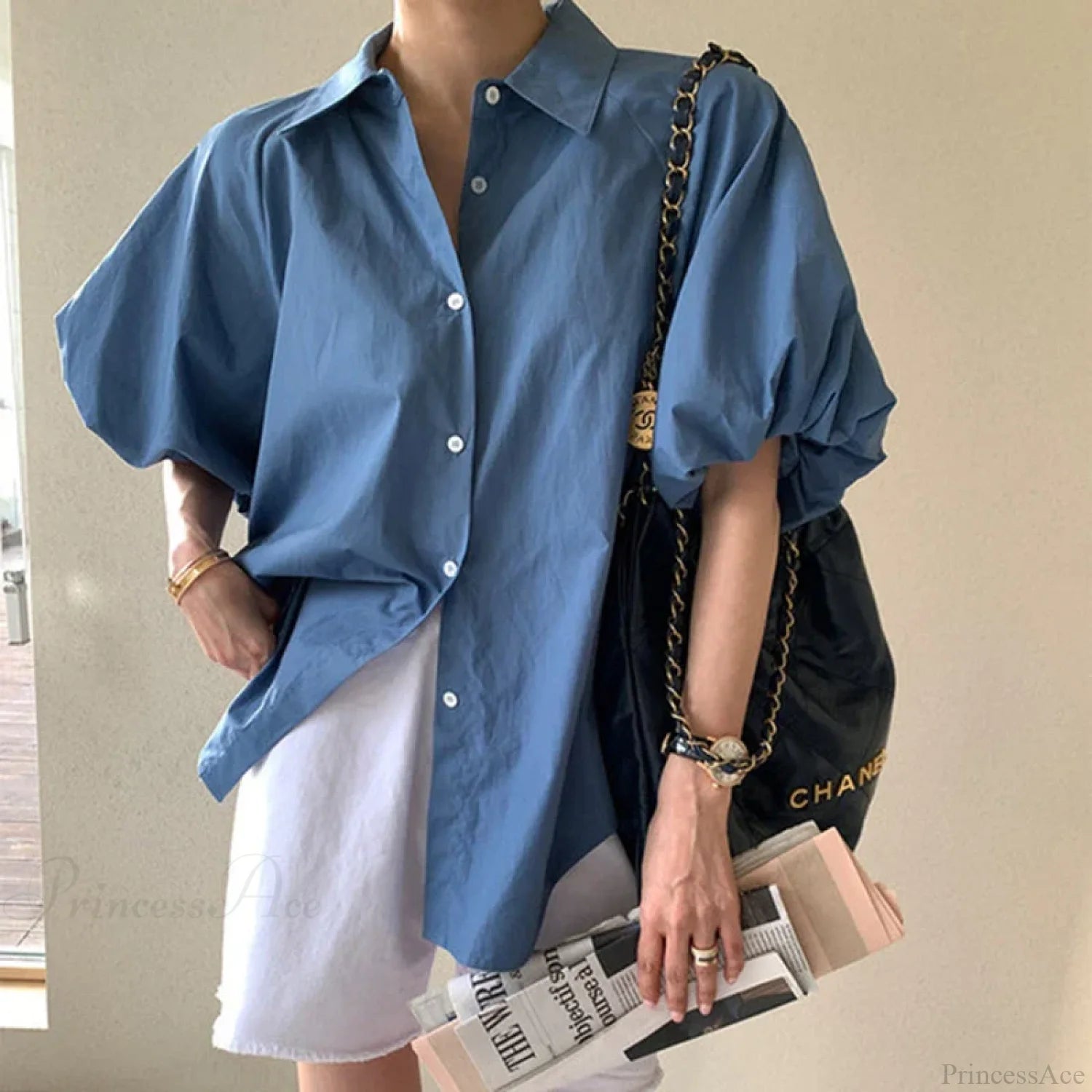 Blue Puff Sleeve Casual Loose Summer Shirt blouse-250126