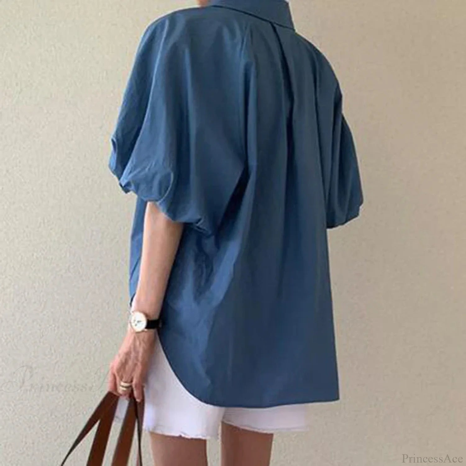 Blue Puff Sleeve Casual Loose Summer Shirt blouse-250126