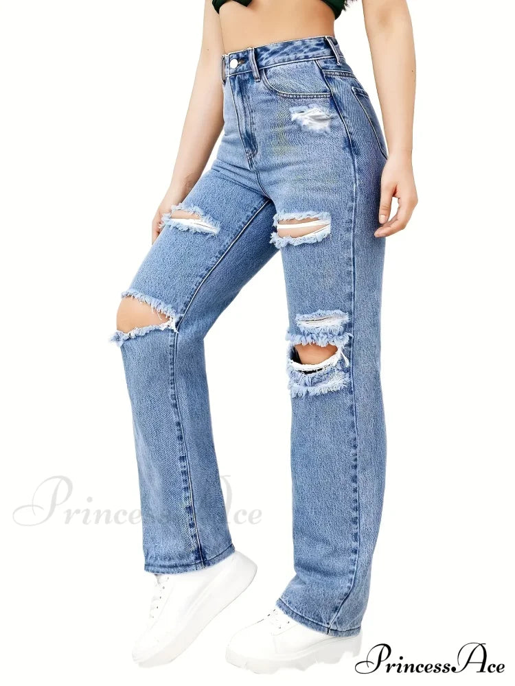 Blue Ripped Baggy Straight Slash Pockets Distressed High Waist Loose Fit Denim Jean