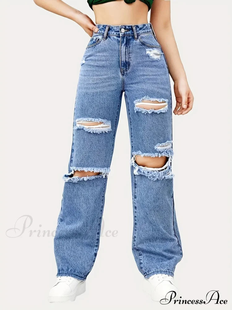 Blue Ripped Baggy Straight Slash Pockets Distressed High Waist Loose Fit Denim Jean