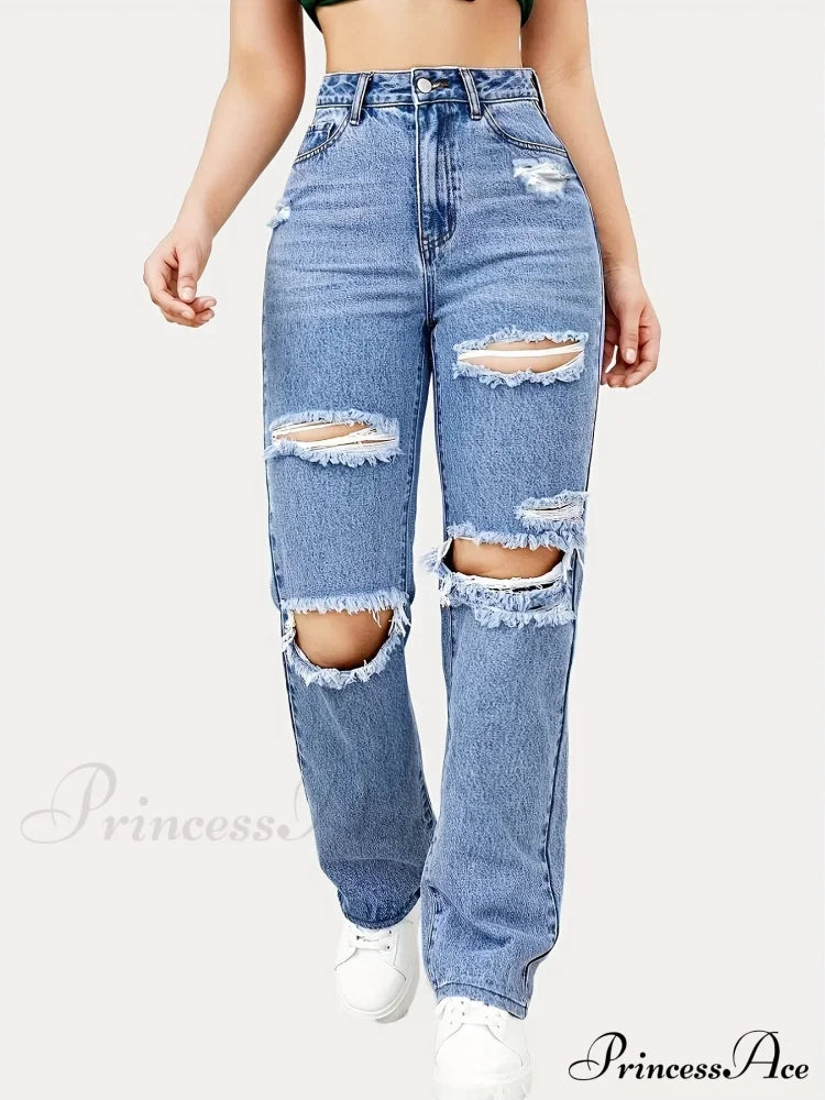 Blue Ripped Baggy Straight Slash Pockets Distressed High Waist Loose Fit Denim Jean