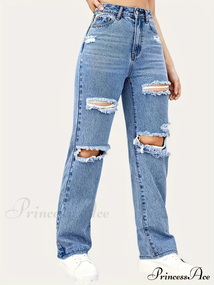 Blue Ripped Baggy Straight Slash Pockets Distressed High Waist Loose Fit Denim Jean