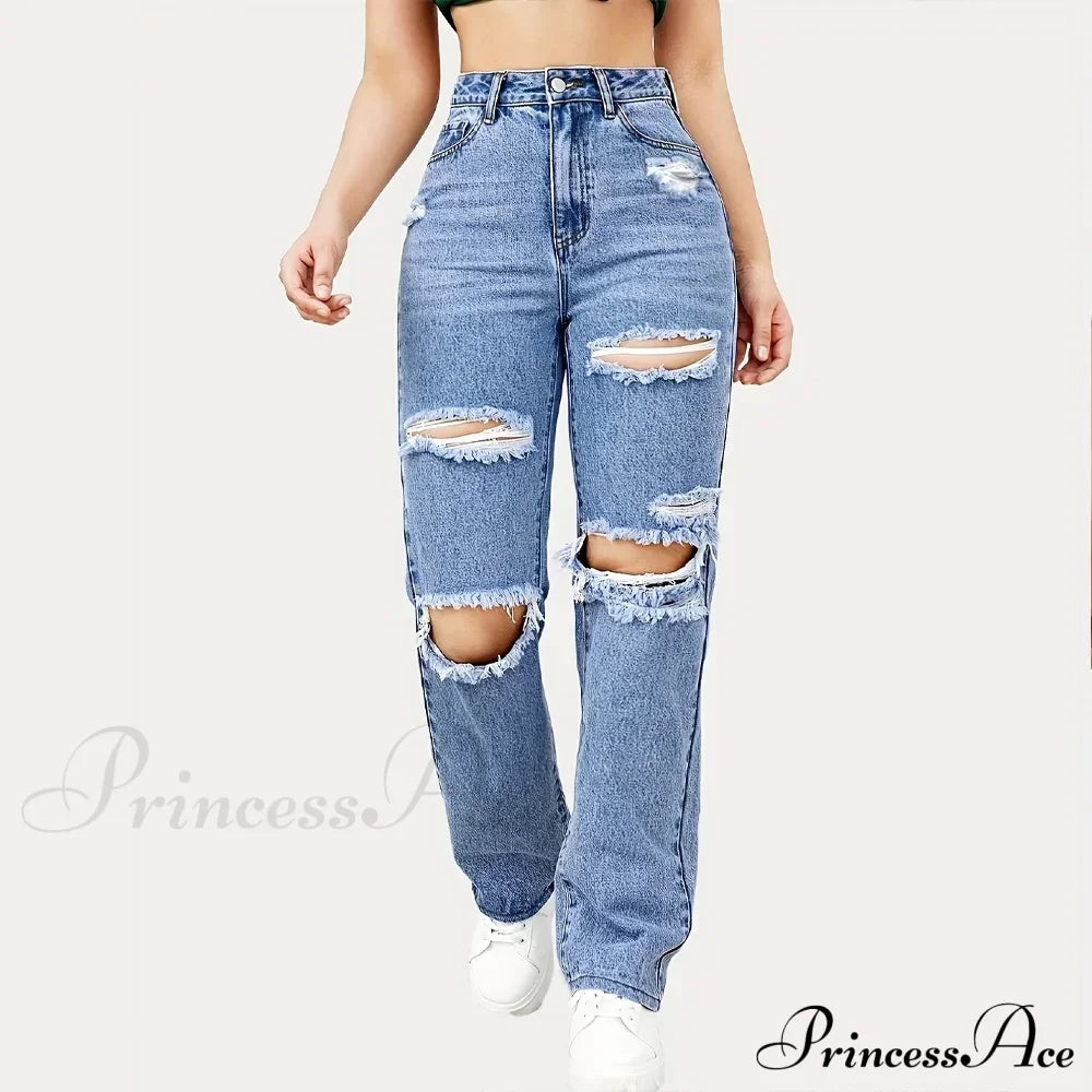 Blue Ripped Baggy Straight Slash Pockets Distressed High Waist Loose Fit Denim Jean / Xs