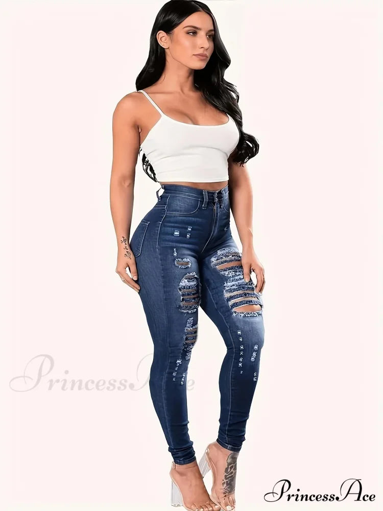 Blue Ripped Holes Skinny Distressed High Waist Slim Fit Slash Pockets Denim Jean