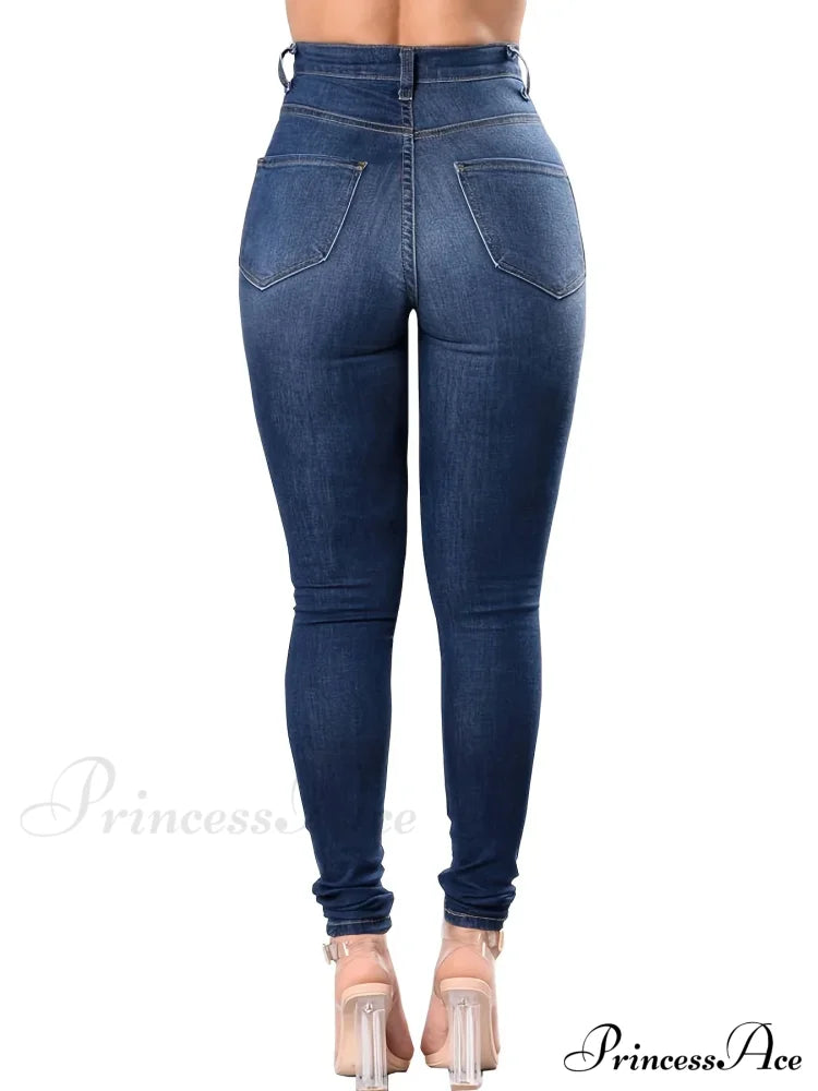 Blue Ripped Holes Skinny Distressed High Waist Slim Fit Slash Pockets Denim Jean