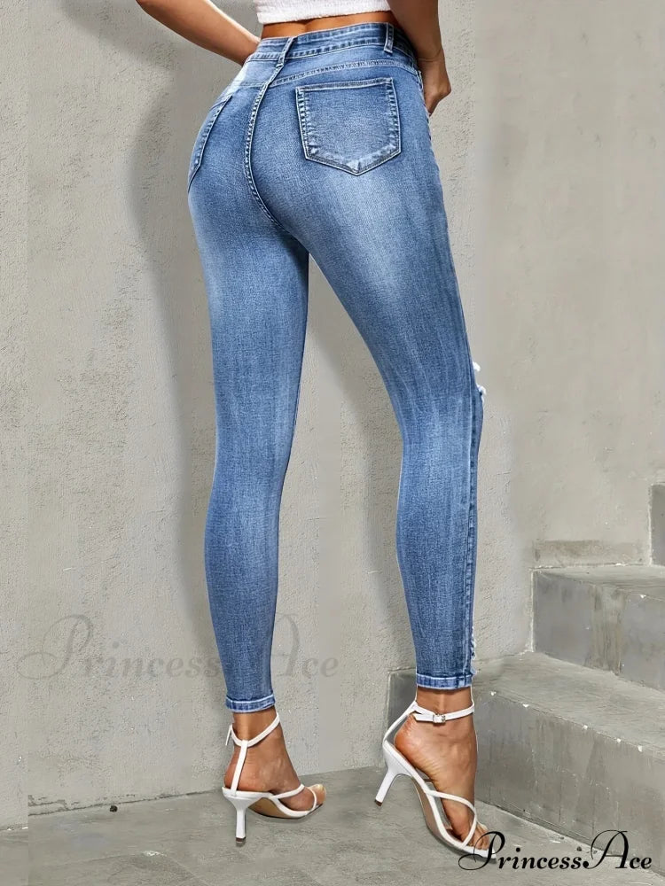 Blue Ripped Holes Skinny Slim Fit High Stretch Distressed Tight Women’s Denim & Clothing Jean