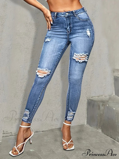 Blue Ripped Holes Skinny Slim Fit High Stretch Distressed Tight Women’s Denim & Clothing Jean