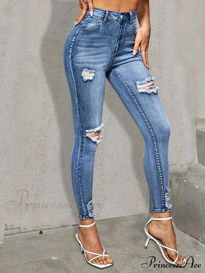 Blue Ripped Holes Skinny Slim Fit High Stretch Distressed Tight Women’s Denim & Clothing Jean