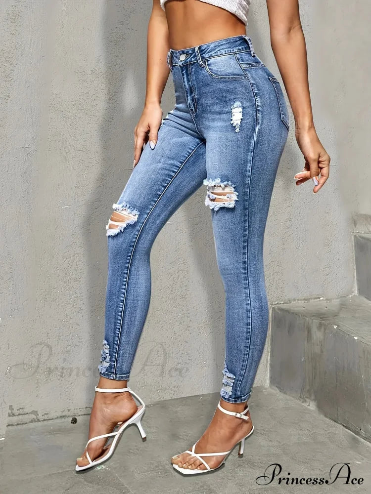 Blue Ripped Holes Skinny Slim Fit High Stretch Distressed Tight Women’s Denim & Clothing Jean