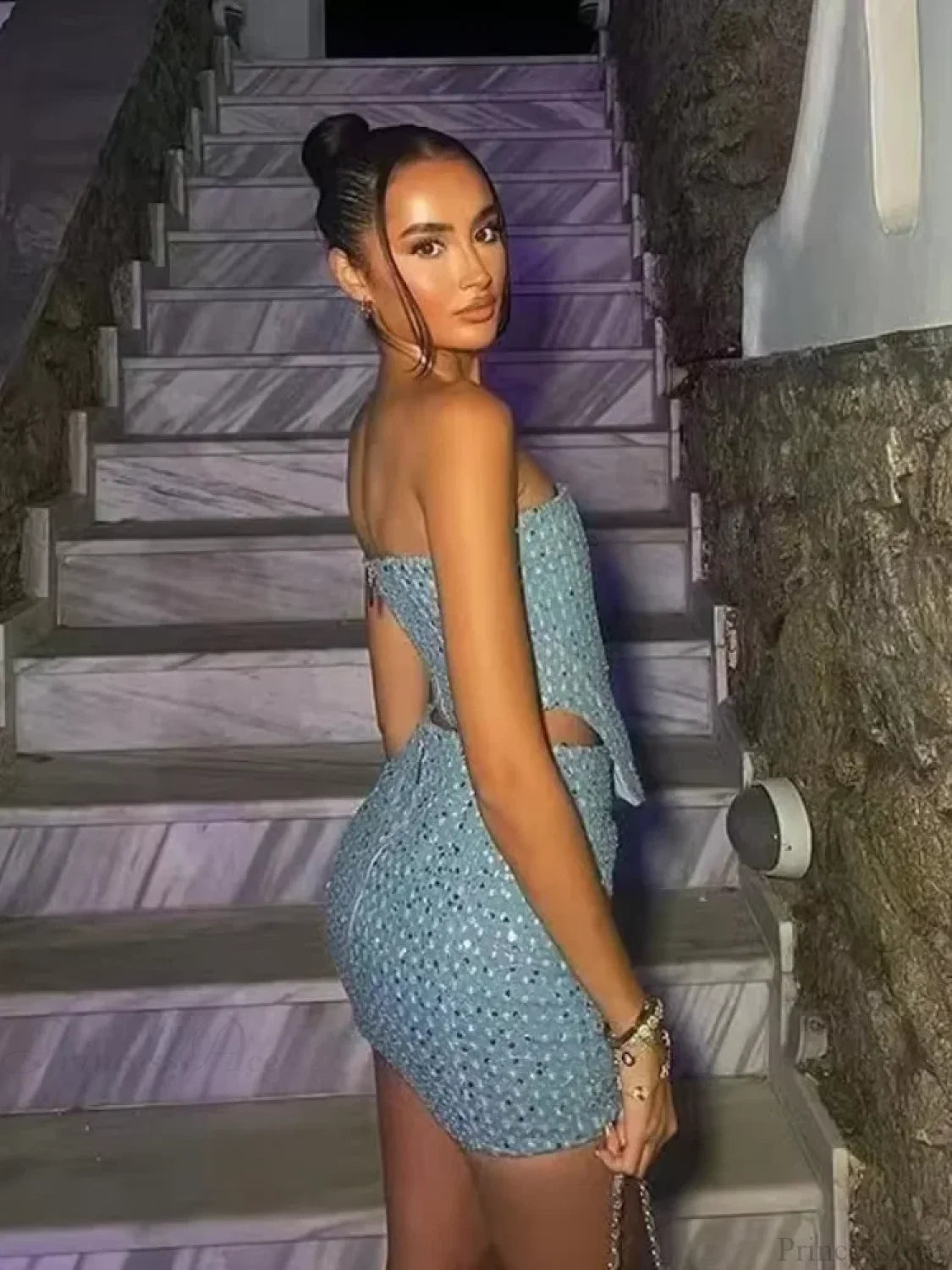 Blue Sequined Denim Strapless Party Dress Partydress-241208