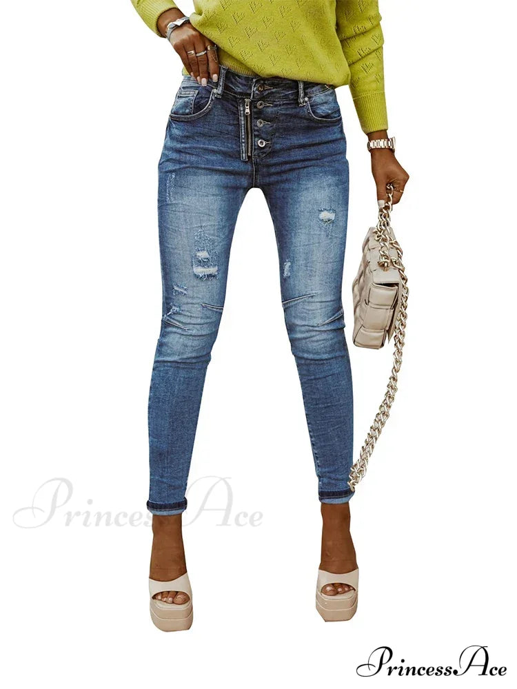 Blue Stretch Women’s High Waist Ripped Casual Fashion Streetwear Denim Pant Women 2024 Trend Jean