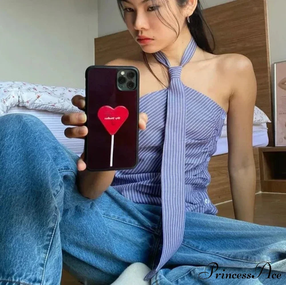 Blue Striped Halter Charming Tie Detail Top