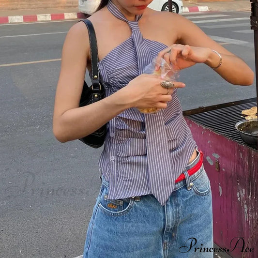 Blue Striped Halter Charming Tie Detail Top