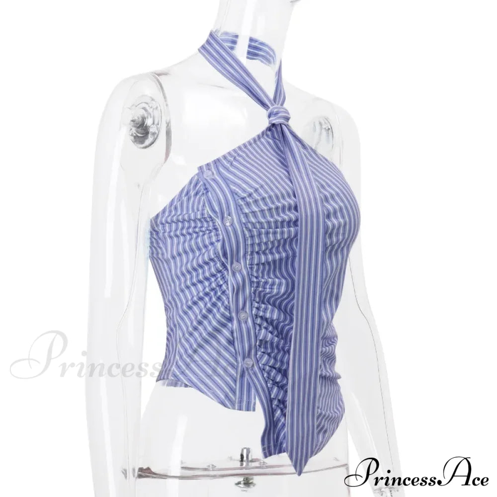 Blue Striped Halter Charming Tie Detail Top