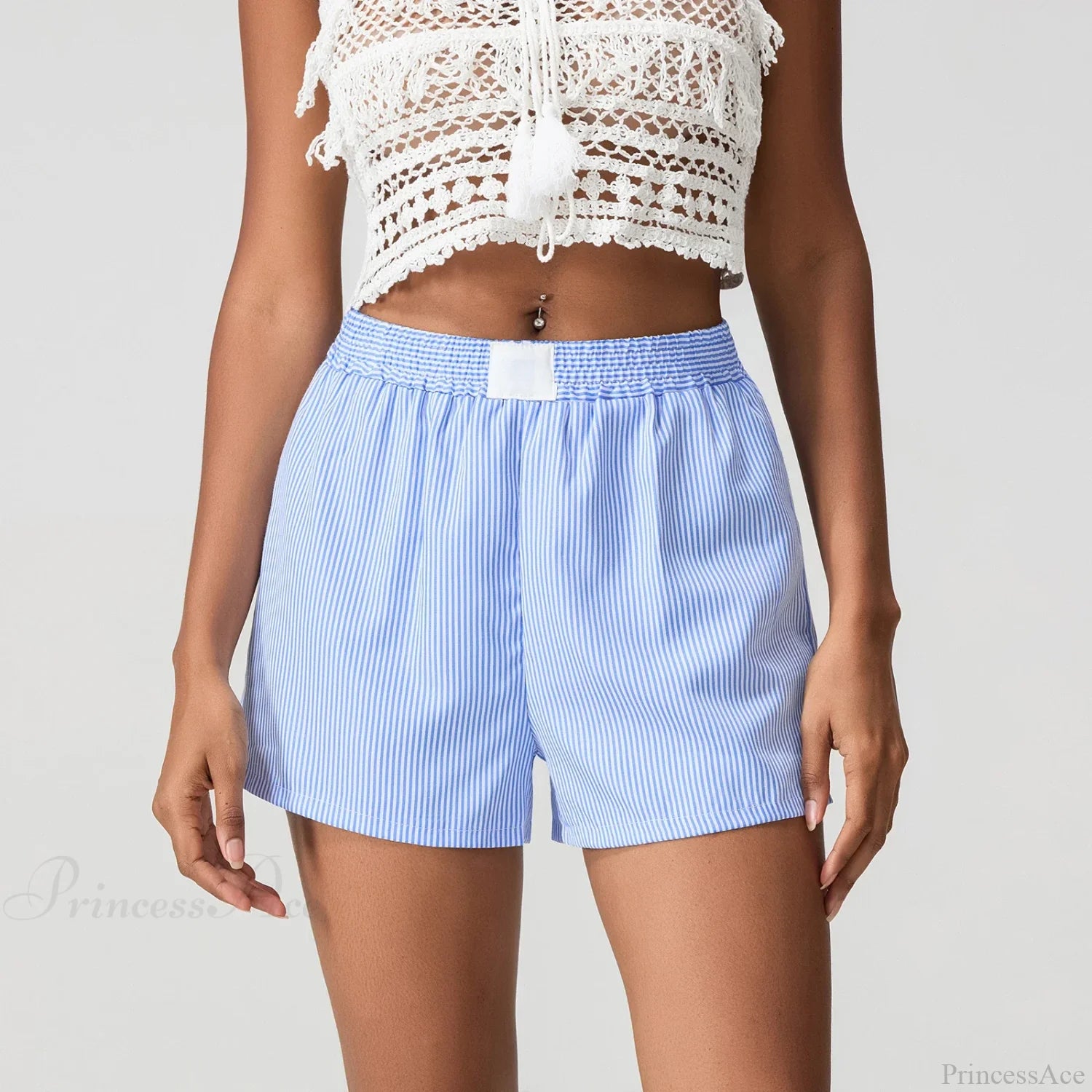 Blue Striped Loose Wide Leg Short short-250223