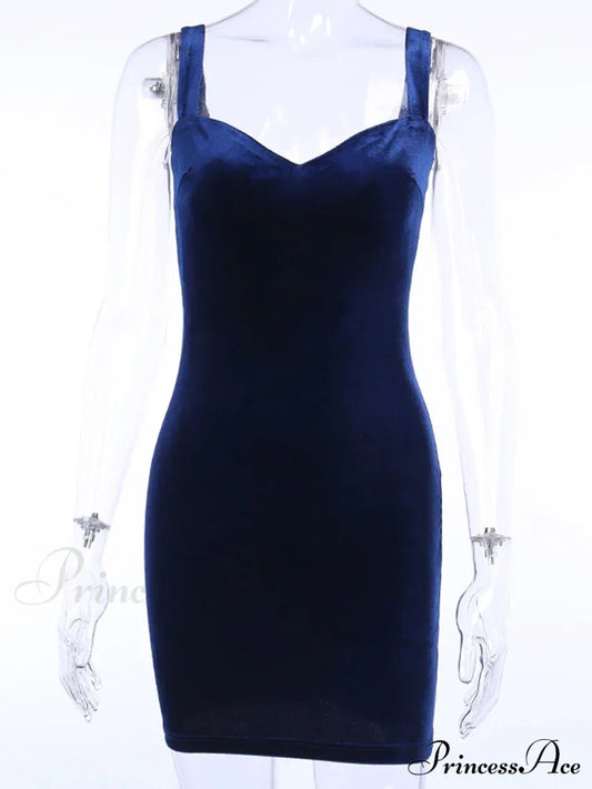 Blue V-Neck Spaghetti Strap Mini Sleeveless Skinny Soft Fashion Slim Bodycon Dress / S