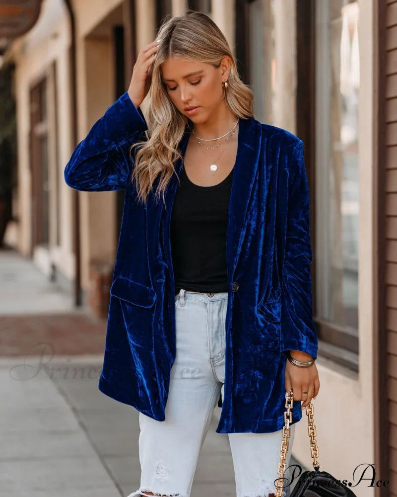 Blue Velvet Blazer With Pockets Coats-L