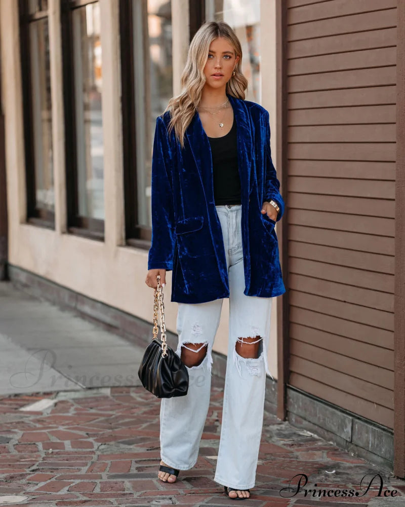 Blue Velvet Blazer With Pockets Coats-L