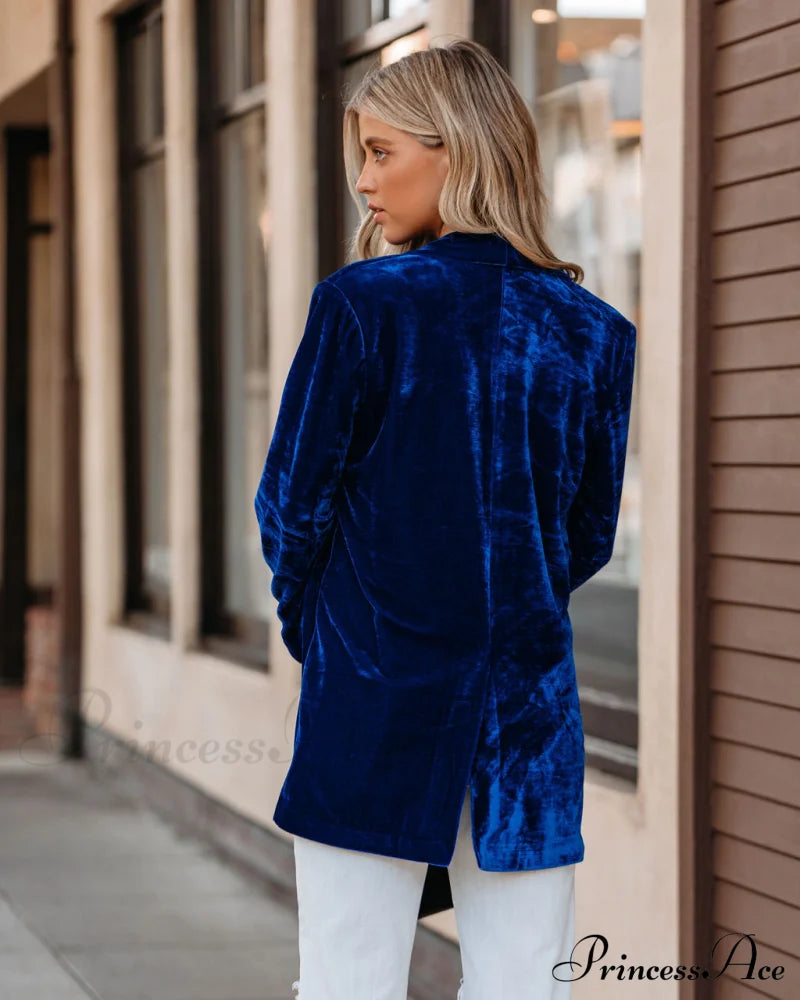 Blue Velvet Blazer With Pockets Coats-L