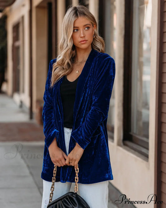 Blue Velvet Blazer With Pockets Coats-L